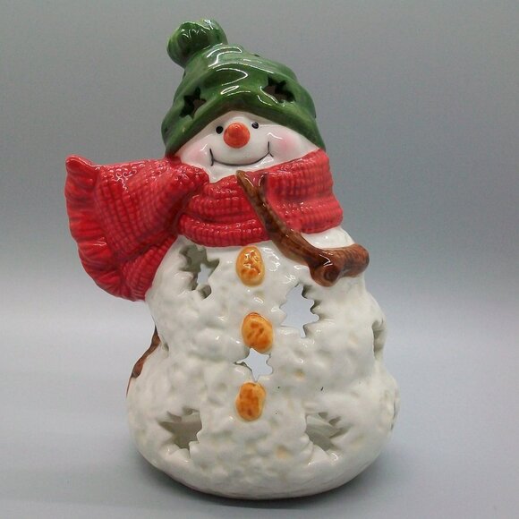 🌺SOLD🌺Hallmark Snowman Luminary Tealight Holder Red Scarf Green Hat - Picture 1 of 4